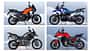 BMW R 1300 GS Trophy, KTM 1390 Super Adventure S Evo, Ducati Multistrada V4 S, Triumph Tiger 1200 Rally Pro, Reiseenduro, Motorrad, Vergleichstest, Adventure-Bike, Tourenmotorrad Vier Reiseenduro-Motorräder, BMW R 1300 GS Trophy, Ducati Multistrada V4 S, KTM 1390 Super Adventure S Evo und Triumph Tiger 1200 Rally Pro, fahren nebeneinander auf einem engen Weg. Die Straße führt von einem Aussichtspunkt neben einem Turm weg. Im Hintergrund ist eine weite Aussicht zu sehen. Alle vier Fahrer tragen Motorradbekleidung und Helme.