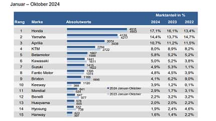 Neuzulassungen 125er Leichtkrafträder Marktanteile Januar bis Oktober 2024 Neuzulassungen 125er Leichtkrafträder Marktanteile Januar bis Oktober 2024