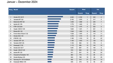 Neuzulassungen 125er Leichtkrafträder Top 20 (2024)
