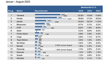 Neuzulassungen 125er Leichtkrafträder in Deutschland Marktanteile Januar bis August 2025