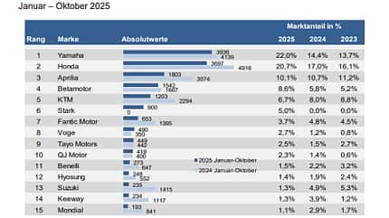 Neuzulassungen 125er Januar bis Oktober 2025 Marktanteile Neuzulassungen 125er Januar bis Oktober 2025 Marktanteile