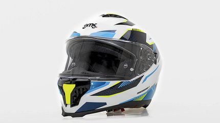 GMS Gelero, Integralhelm, Motorradhelm, Helm, Motorradzubehör, Vollvisierhelm, Schutzhelm, GMS, Helmdesign, Motorrad Integralhelm GMS Gelero, Studioaufnahme, weiß-blau-gelb-schwarzes Design, Visier geschlossen.