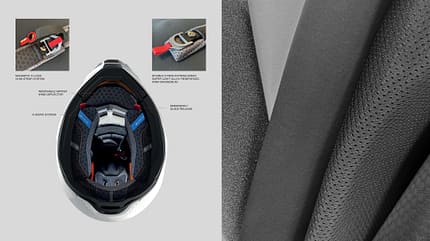  Innenansicht des NEXX X.RALLY Helms mit markierten Komfort- und Verschlussdetails, Materialnahaufnahme.