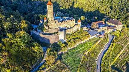Die Luftaufnahme zeigt eine mittelalterliche Burganlage auf einem bewaldeten Hügel mit markantem Bergfried und mehreren Türmen mit roten Zeltdächern. Massive Wehrmauern umschließen Innenhöfe und Gebäude; am Hang liegen terrassierte Weinberge, daneben verläuft eine kurvige Zufahrtsstraße.