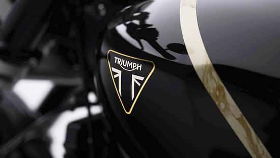 Triumph Speed Twin 1200 TFC Triumph Speed Twin 1200 TFC Sondermodell mit schwarzem Tank, goldener Zierlinie, rundem Scheinwerfer, tiefem Lenker und sportlicher Sitzbank in Seitenansicht vor dunklem Hintergrund