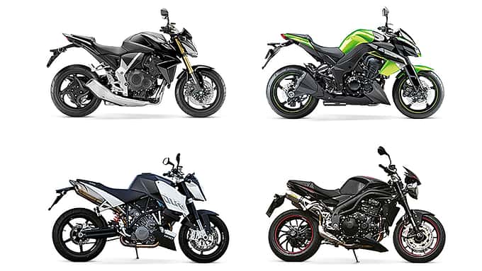 Die Alternativen: Honda CB 1000 R (l.o.), Kawasaki Z 1000 (r.o.), KTM 990 Super Duke (l.u.) und Triumph Speed Triple (r.u.).