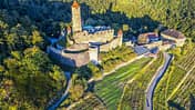 Die Luftaufnahme zeigt eine mittelalterliche Burganlage auf einem bewaldeten Hügel mit markantem Bergfried und mehreren Türmen mit roten Zeltdächern. Massive Wehrmauern umschließen Innenhöfe und Gebäude; am Hang liegen terrassierte Weinberge, daneben verläuft eine kurvige Zufahrtsstraße.
