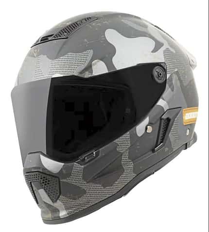 Bogotto Rapto, Motorradhelm, Integralhelm, Camo-Design, Black Matt Grey, Getöntes Visier, Helm-Belüftung, FC-Moto, Vollvisierhelm Der abgebildete Motorrad-Integralhelm ist der Bogotto Rapto in der Farbvariante Camo Black Matt Grey (aus dem Dateinamen FCMoto_Bogotto-rapto-camo-helmet-black-matt-grey). Sichtbar sind ein dunkel getöntes Visier, mehrere Belüftungsöffnungen und die mattgrau-schwarze Camouflage-Lackierung mit aerodynamischer Kinnpartie. Freigestellte Studioaufnahme vor hellem Hintergrund.